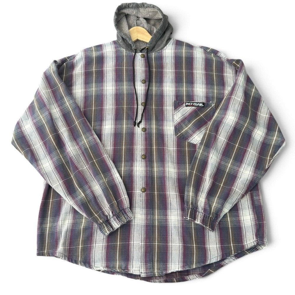 Vintage No Fear Hooded Flannel Jacket Men XL Purple Plaid 90s Skate USA Cotton